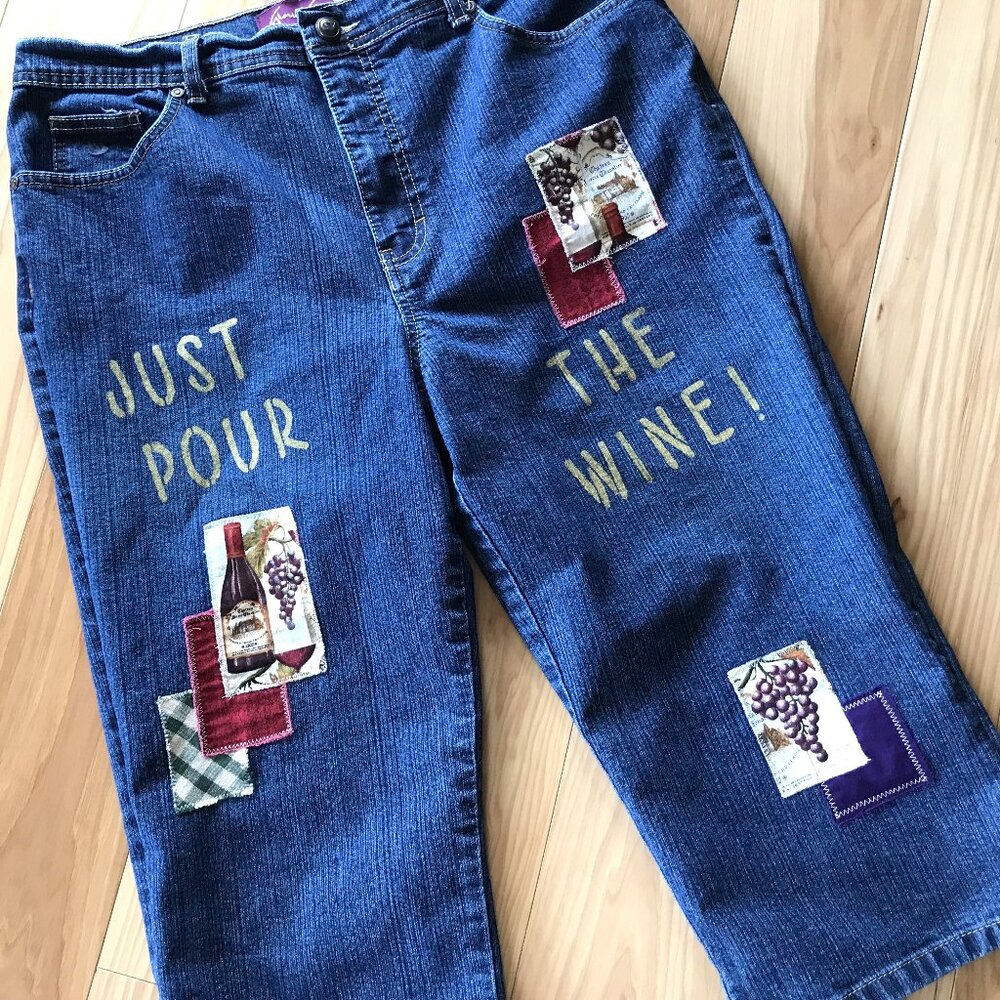 Upcycled Patchwork Denim Capris Shorts, Painted Wine Theme and Patches, Size 14